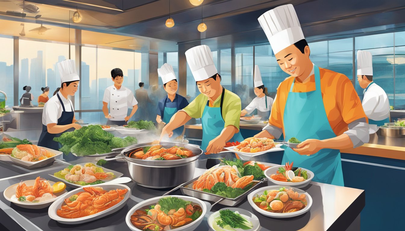 Customers savoring Ming Kitchen's seafood dishes at Marina Bay Sands Shoppes. Vibrant atmosphere, with chefs preparing fresh ingredients in the open kitchen