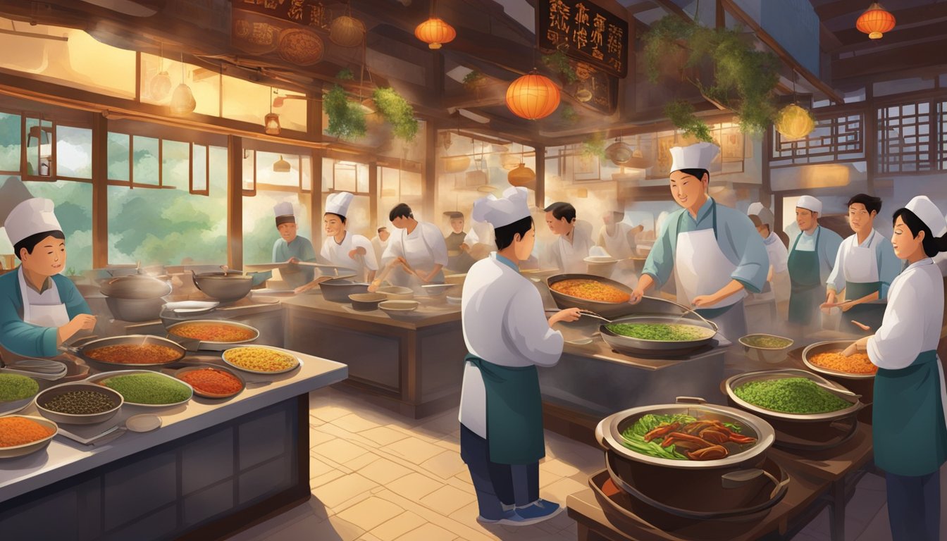 A bustling Chinese restaurant with steaming woks, sizzling hotpots, and colorful dishes being served to eager customers. The aroma of spices and herbs fills the air as chefs skillfully prepare culinary delights