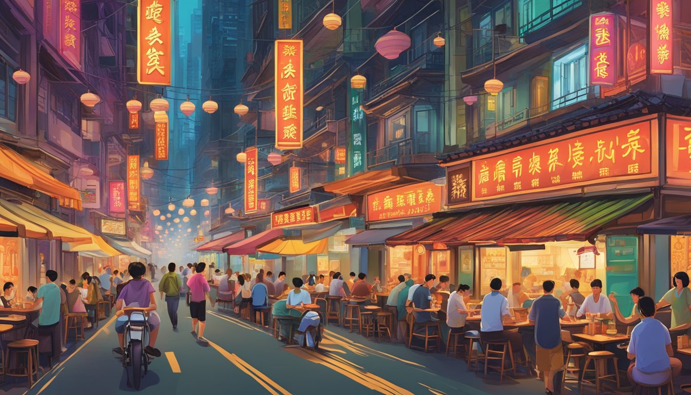 A bustling, neon-lit street lined with traditional Chinese architecture, filled with the savory aroma of sizzling woks and the lively chatter of diners enjoying the legendary dishes of a renowned Hong Kong restaurant
