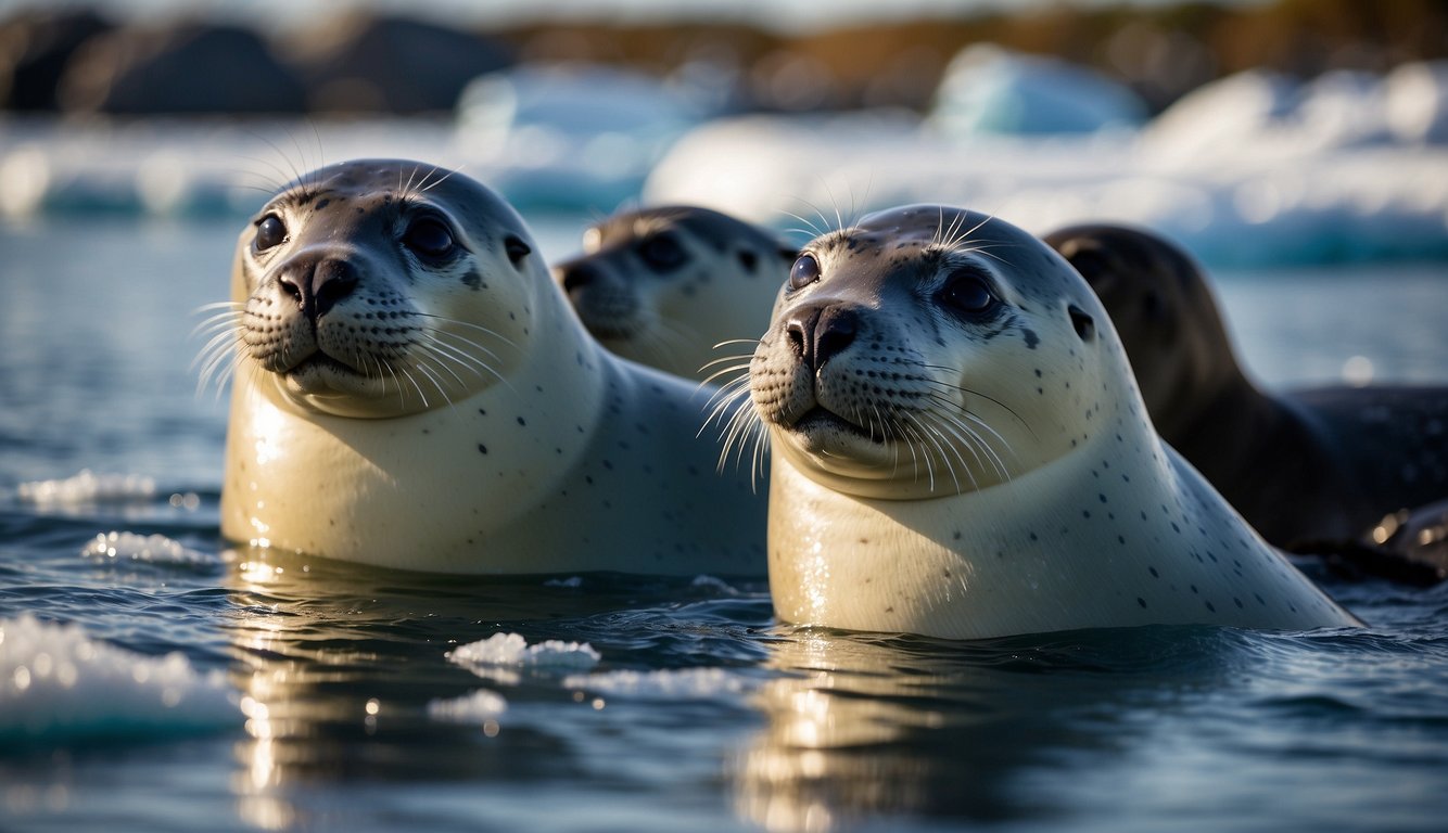 Seals huddle together on a large ice floe, their thick fur glistening with water droplets.

The sun reflects off their sleek bodies, as they bask in its warmth