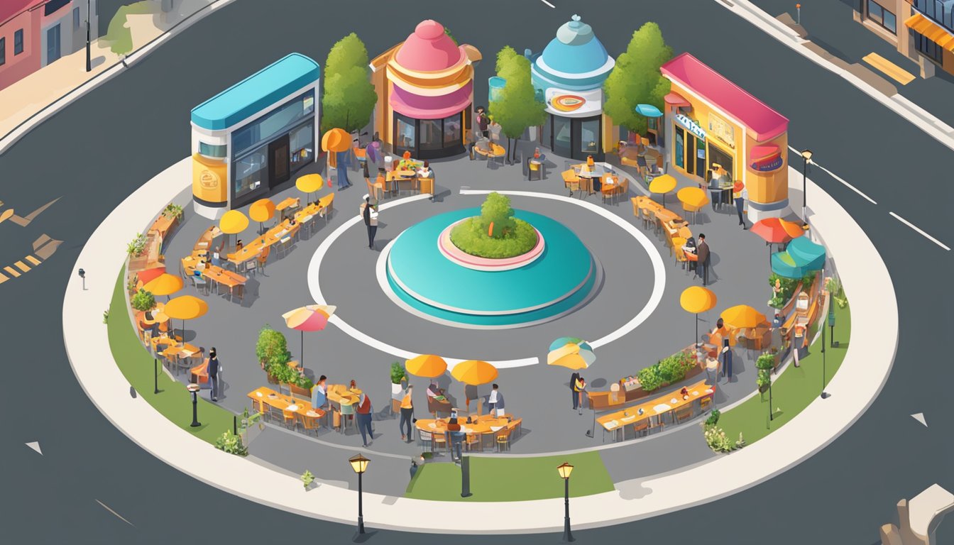 A circular road surrounded by bustling restaurants with colorful outdoor seating and vibrant signage