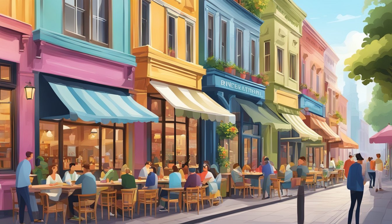 A bustling street with colorful facades of various restaurants and cafes, showcasing a diverse culinary experience. Outdoor seating and lively atmosphere