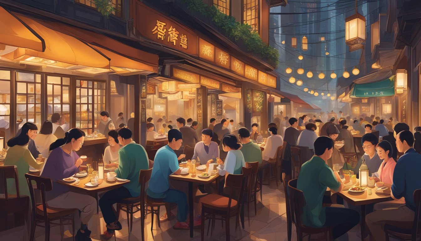 A bustling restaurant with ornate decor, dim lighting, and a vibrant atmosphere. Tables filled with diners enjoying traditional Hong Kong cuisine