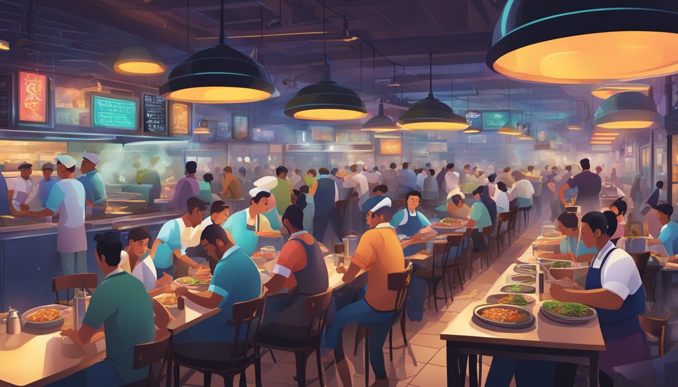 A bustling restaurant with neon signs, crowded tables, and steam rising from sizzling woks. Waiters rush between diners, while chefs work in an open kitchen