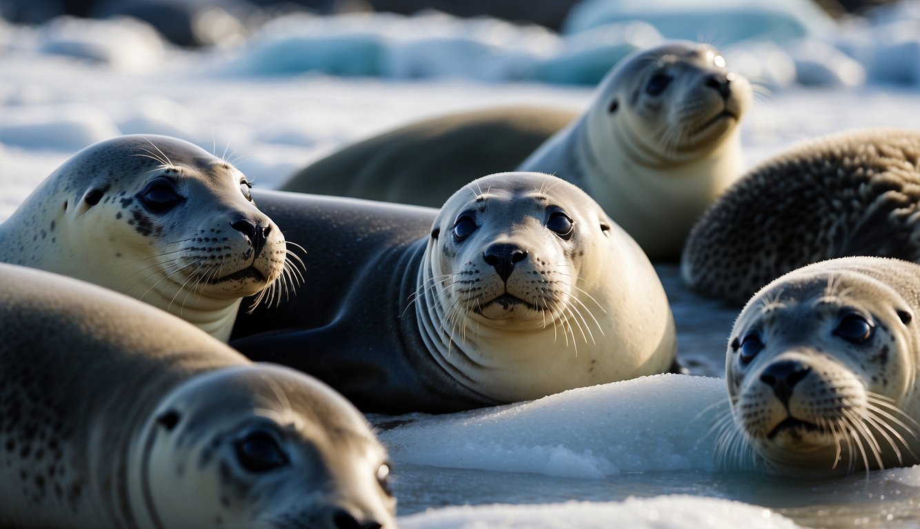 Seals huddle together on an icy shore, their thick fur glistening with water.

Some are diving into the frigid ocean, while others rest on the snow-covered rocks, basking in the sunlight to stay warm