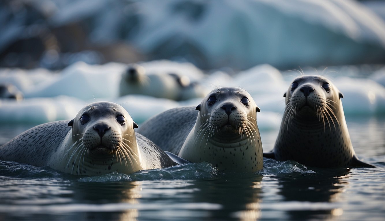 Seals huddle together on an icy shore, their thick fur glistening with water.

They use their flippers to navigate through the frigid waters, diving gracefully in search of food