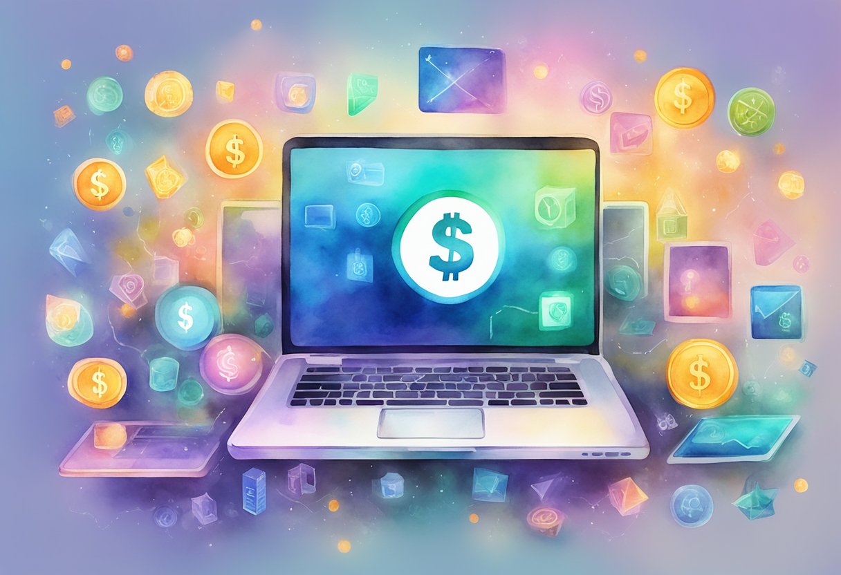 A laptop with a glowing screen displaying a dollar sign surrounded by various icons representing online income streams