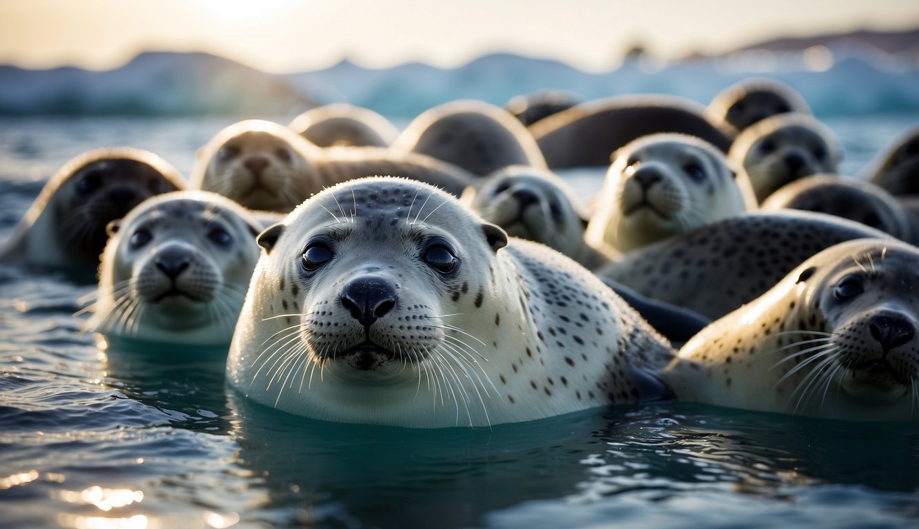 Seals huddle together on a vast expanse of ice, their thick fur glistening in the sunlight.

They use their flippers to groom and insulate themselves, while their sleek bodies effortlessly glide through the frigid waters