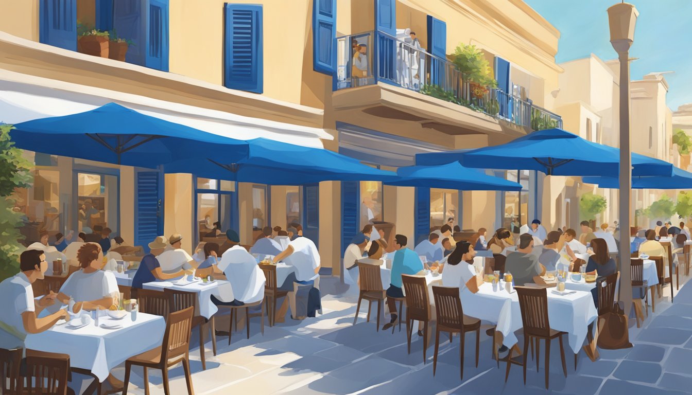 A bustling Greek restaurant in Dempsey with outdoor seating, white and blue decor, and a lively atmosphere