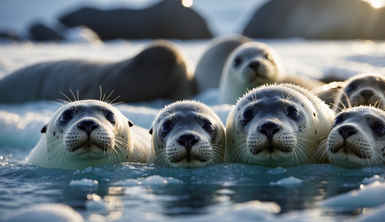 Seals huddle closely together on a large ice floe, their thick fur glistening with icy water droplets as they bask in the sun's warmth