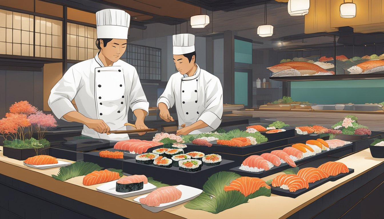A chef prepares a variety of fresh sushi and sashimi at Hana Restaurant's omakase counter. The vibrant colors of the fish and the meticulous presentation create an inviting and elegant dining experience