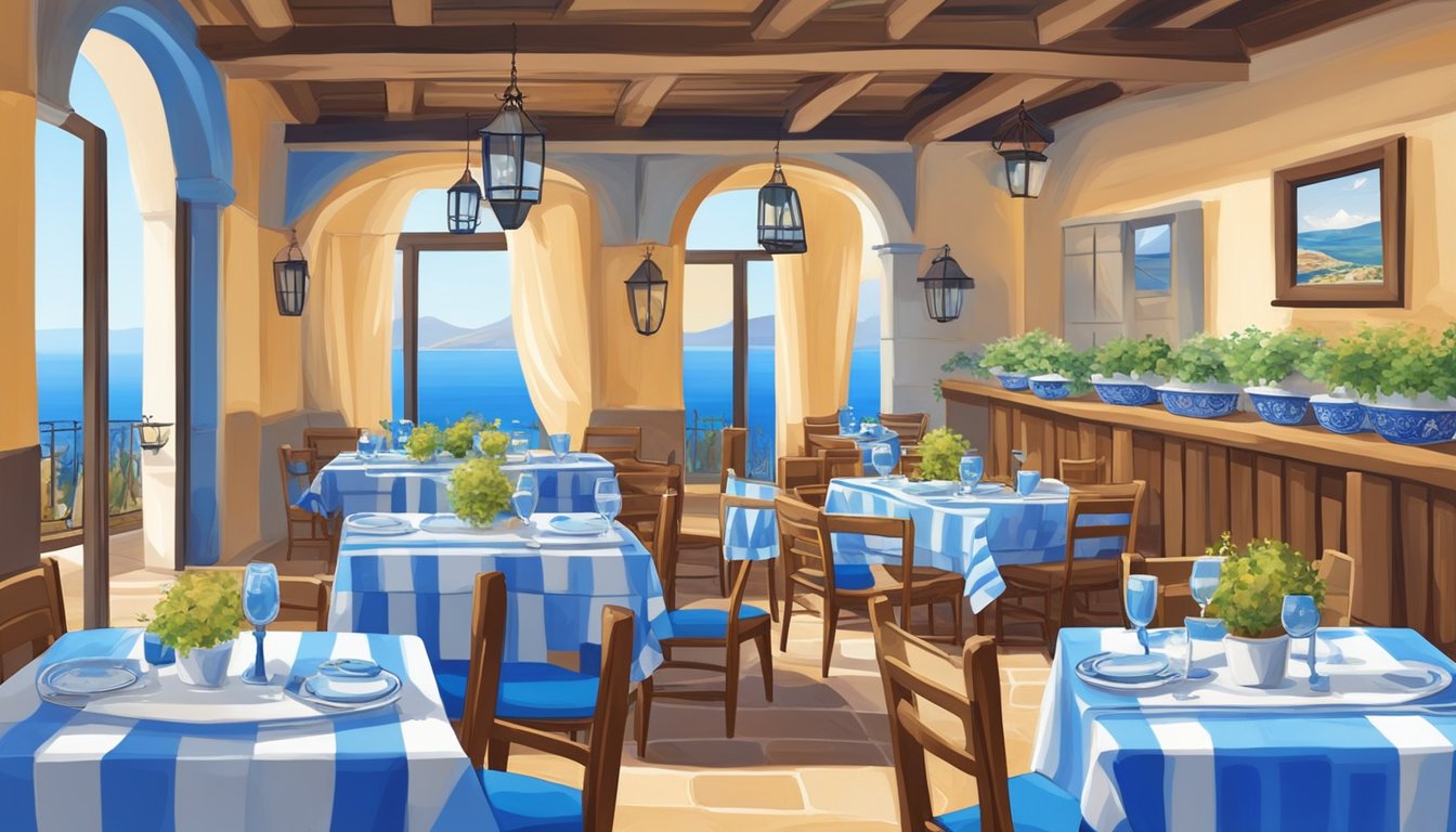 Tables adorned with blue and white tablecloths, surrounded by wooden chairs. Greek decor and artwork adorn the walls. Aromatic scents of Mediterranean cuisine fill the air