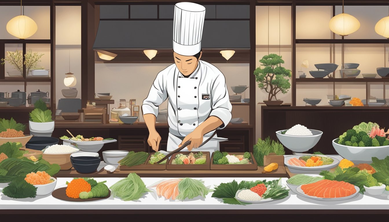 The chef prepares a variety of fresh ingredients for the omakase experience at Hana Restaurant, surrounded by elegant table settings and traditional Japanese decor