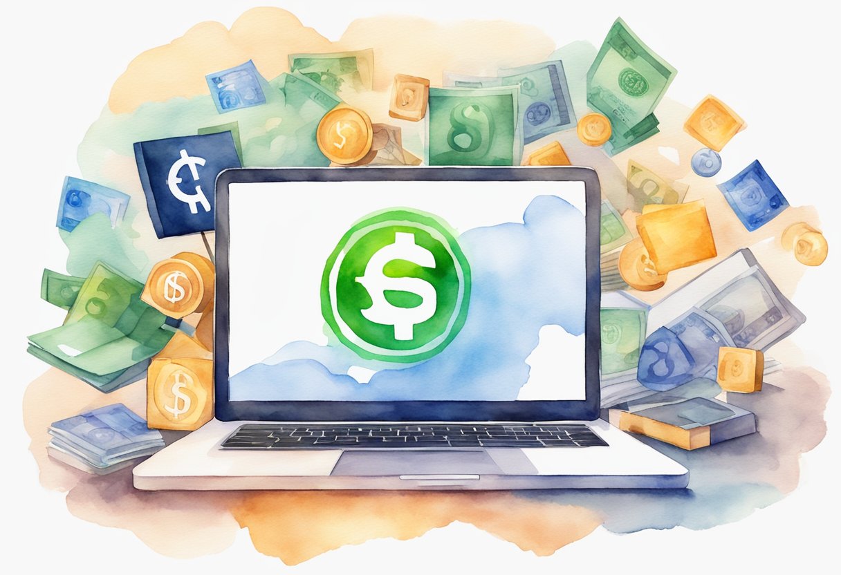 A laptop surrounded by various icons representing different freelancing opportunities, with a money symbol in the background