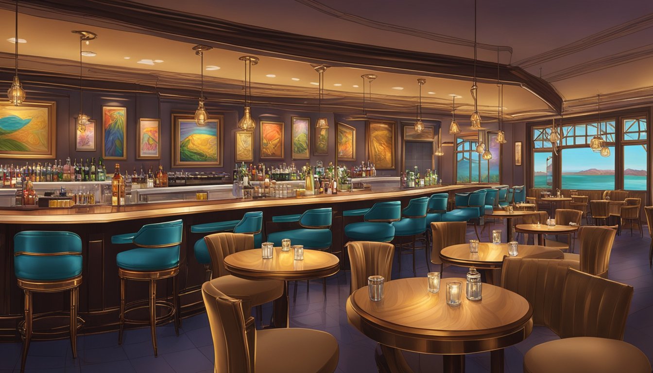 The restaurant is filled with round tables and elegant chairs. Soft lighting creates a warm and inviting atmosphere. The bar is lined with gleaming bottles of liquor, and the walls are adorned with colorful artwork