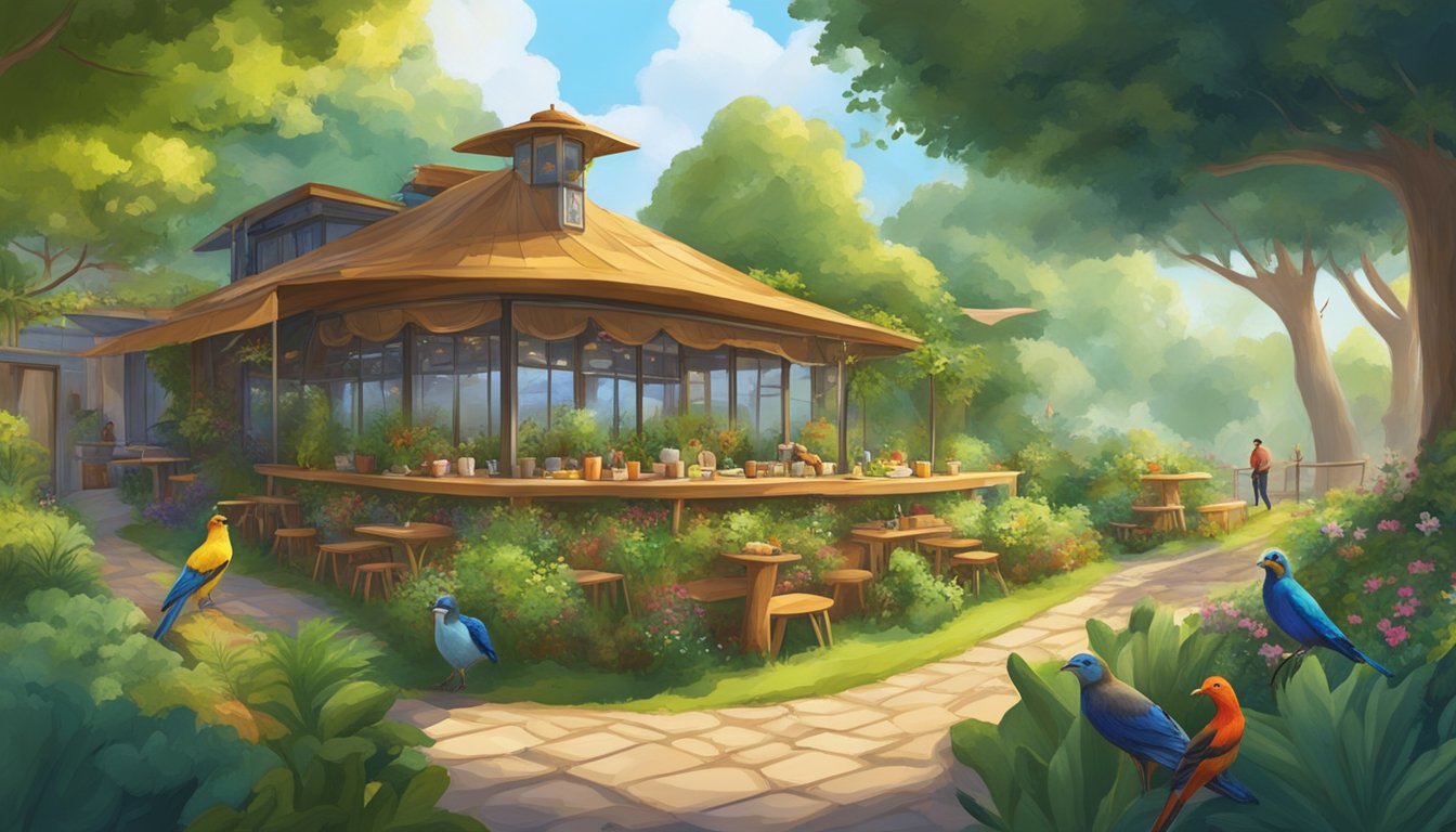 Lush greenery surrounds a cozy herbivore restaurant, with animals peacefully grazing on fresh foliage while colorful birds flit around the vibrant setting
