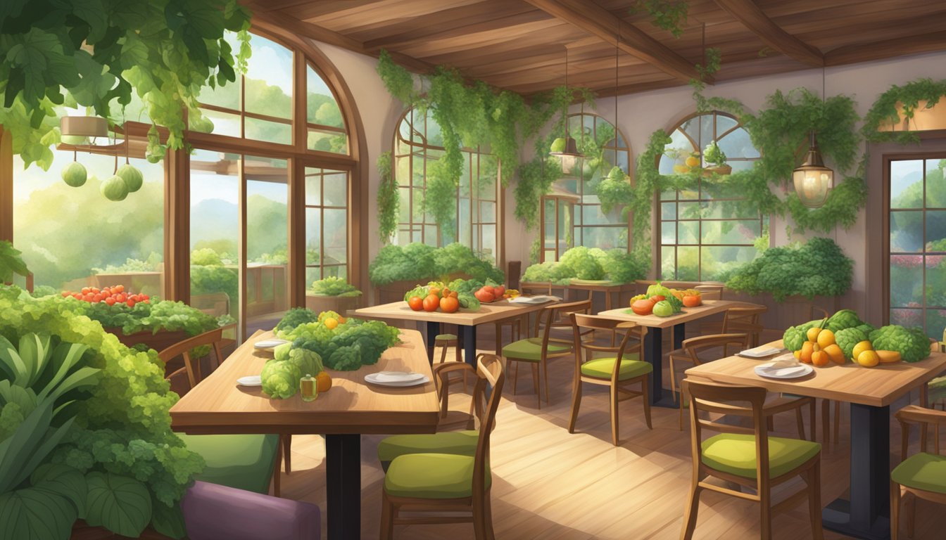 Lush greenery surrounds wooden tables, with vibrant fruits and vegetables on display. Soft lighting and a serene atmosphere create a peaceful dining experience
