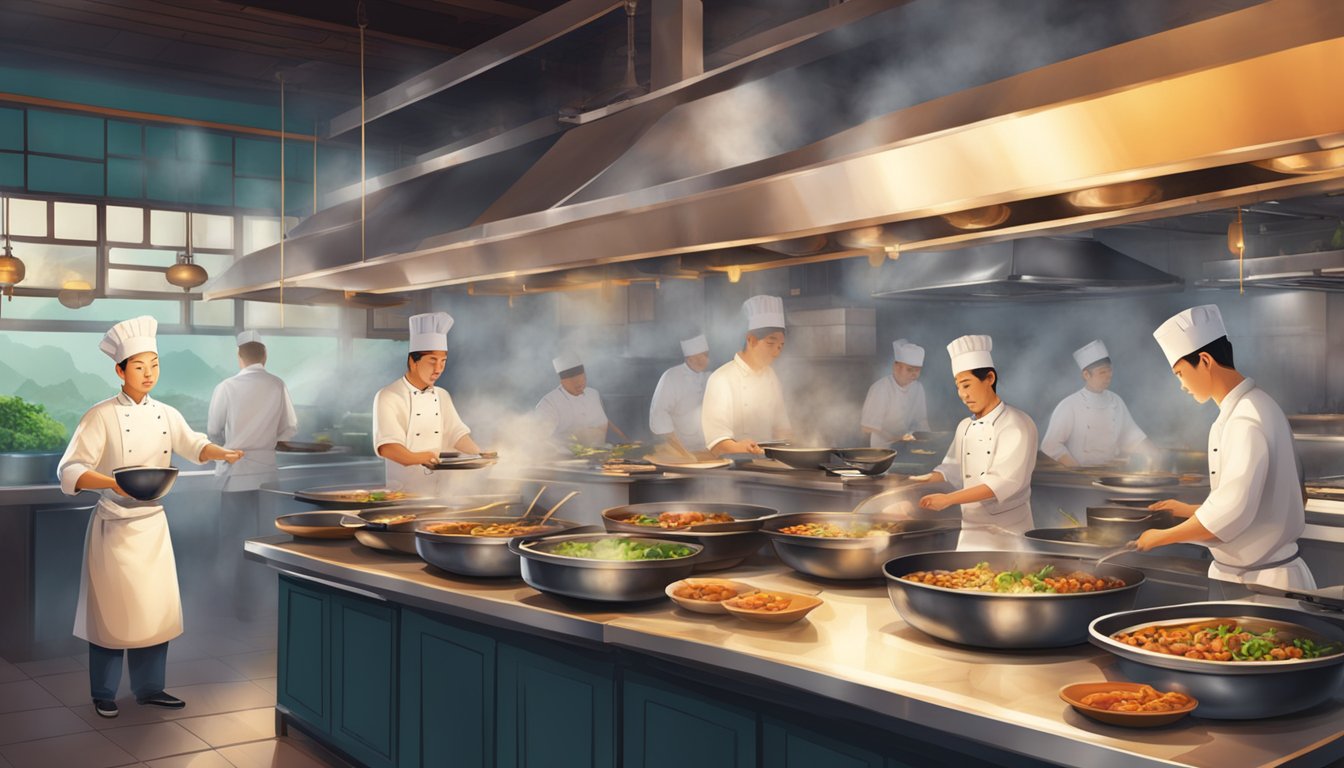 A bustling Chinese restaurant kitchen with chefs cooking and woks sizzling, while waiters carry steaming plates of delicious food to the dining area