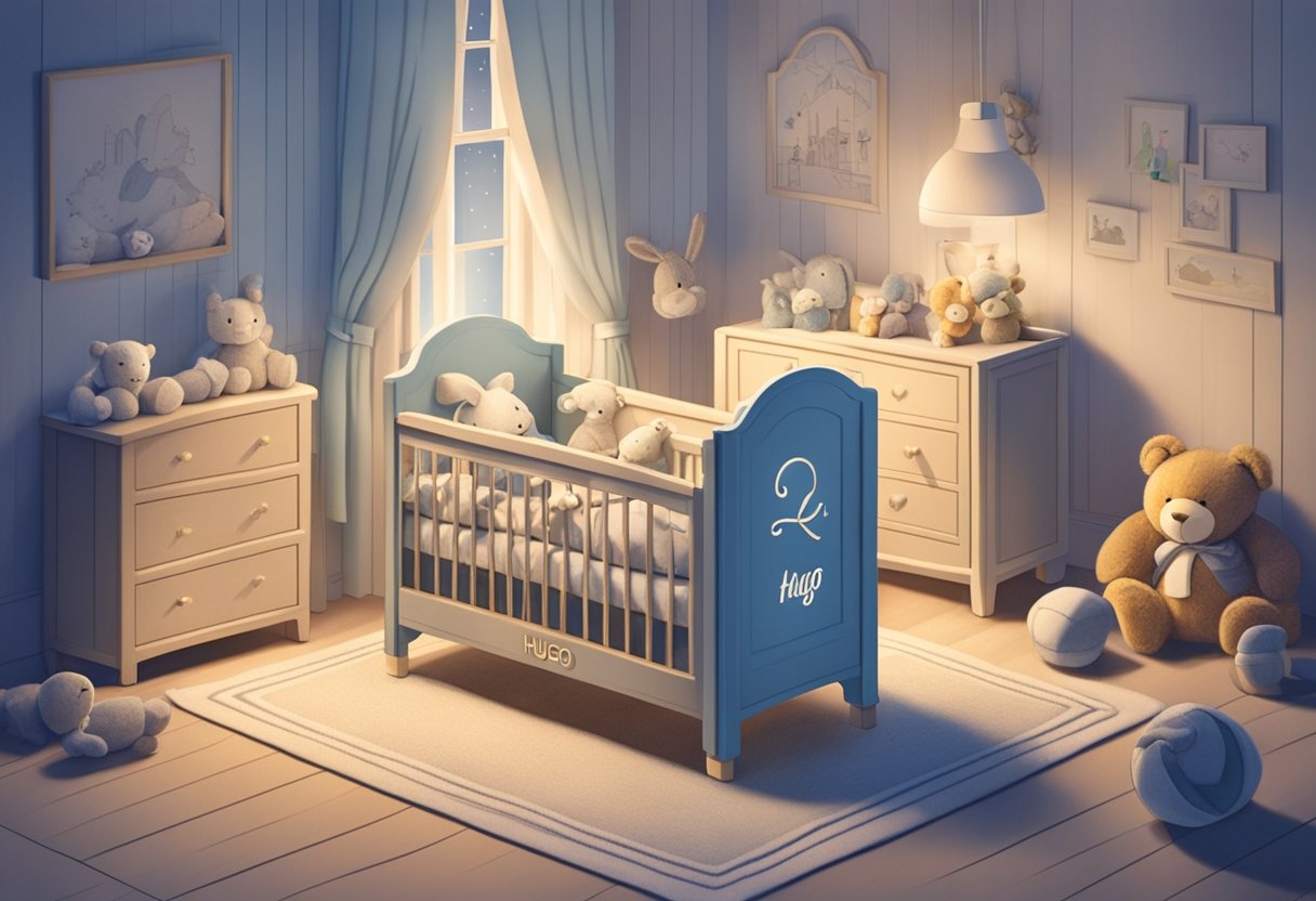 A small crib with "Hugo" written on it, surrounded by soft toys and a cozy blanket