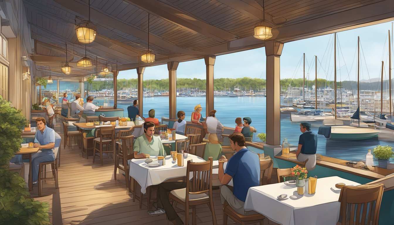 A bustling marina restaurant with outdoor seating, overlooking docked boats and a serene waterfront
