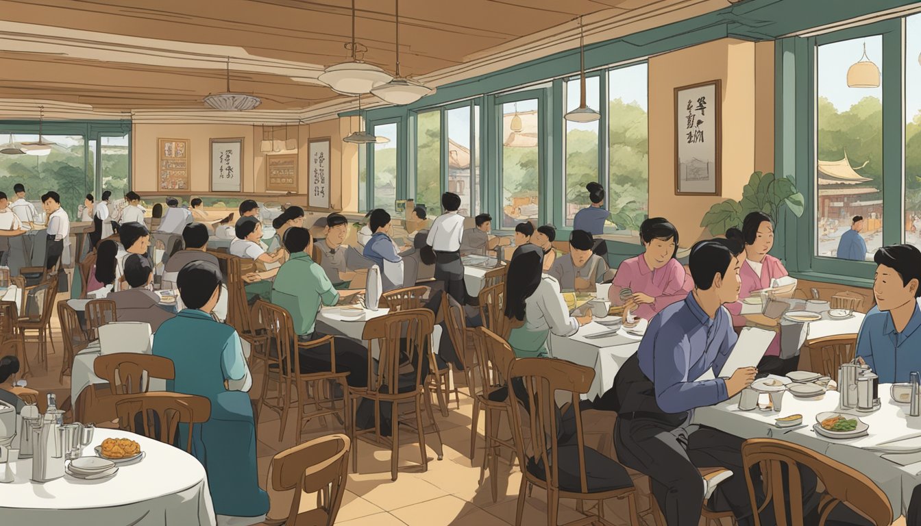 The bustling interior of a Chinese restaurant, with customers seated at tables and waitstaff moving between them. A sign reading "Frequently Asked Questions" is prominently displayed at the north point of the restaurant