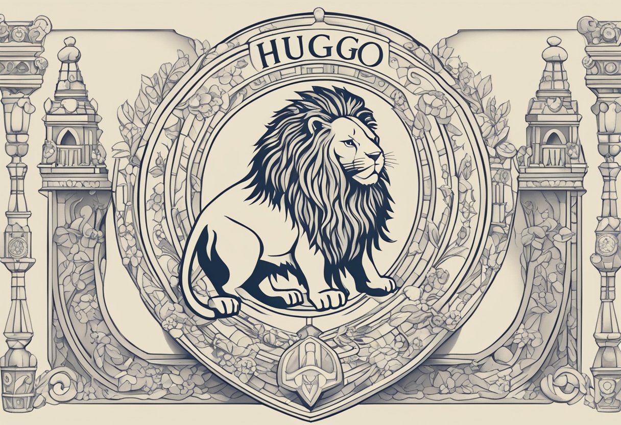 A baby name "Hugo" surrounded by symbols of strength and protection, such as a shield and a lion, representing the meaning and symbolism of the name