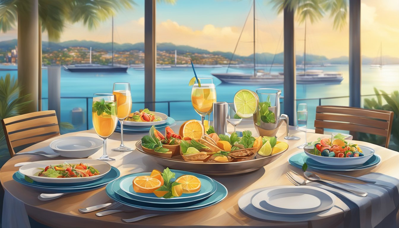 A table set with an array of colorful dishes and drinks, surrounded by a waterfront view and elegant decor at One Marina restaurant