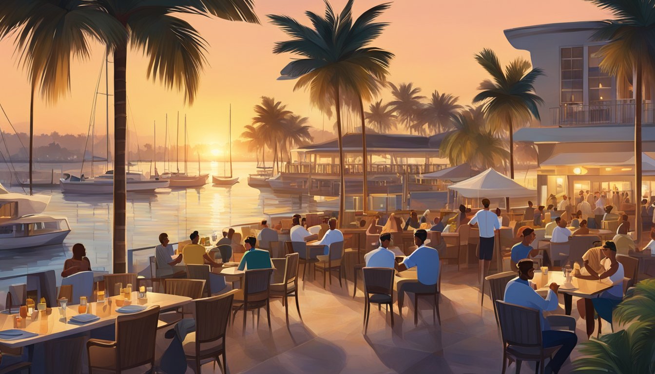 A bustling marina restaurant with outdoor seating, overlooking the water. Palm trees sway in the breeze as boats dock nearby. The sun sets, casting a warm glow over the scene