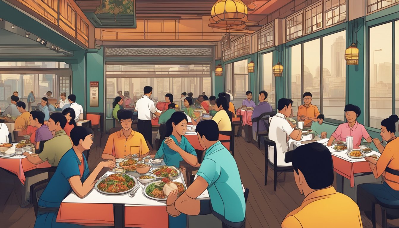 Customers enjoying a variety of Indian and Chinese dishes at a bustling restaurant in Singapore, with waitstaff attending to their needs