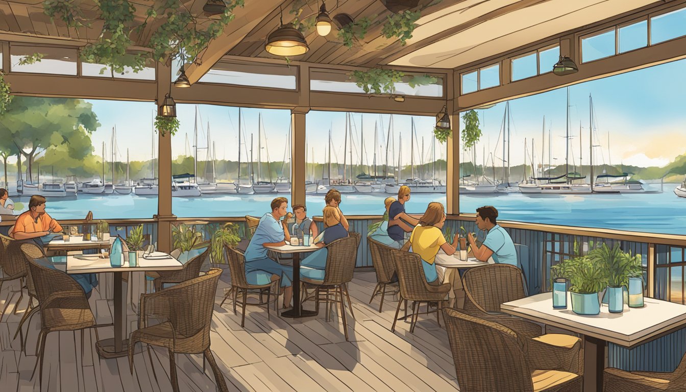 A bustling marina restaurant with outdoor seating, sailboats docked in the background, and a sign displaying "Frequently Asked Questions" prominently
