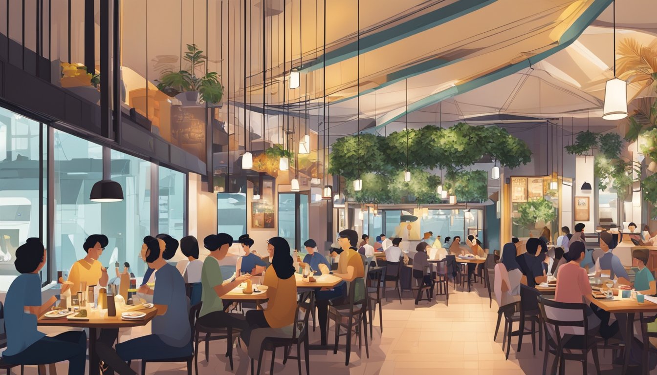 A bustling restaurant in Singapore with modern decor, dim lighting, and a mix of locals and tourists enjoying their meals