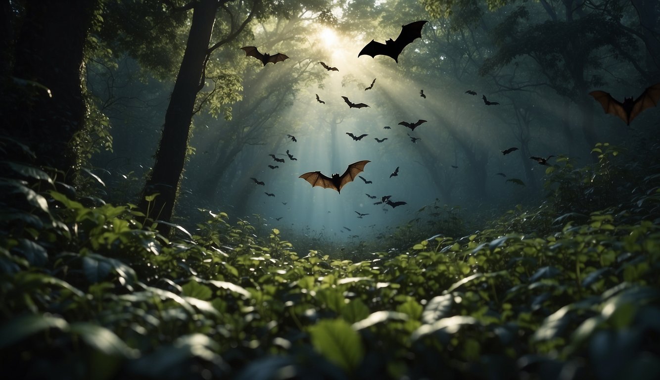 Bats navigate through a dense forest using echolocation, emitting high-frequency sound waves to detect prey and obstacles.

The scene is filled with intricate details of foliage and wildlife, with the bat's sound waves depicted as visible ripples in the air