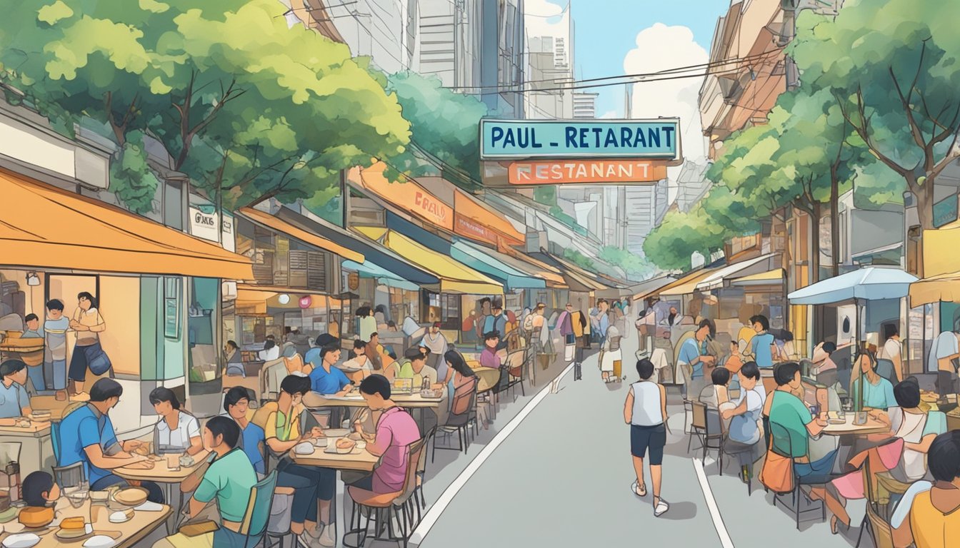 A bustling street in Singapore, with a colorful sign reading "Paul Restaurant" and diners enjoying their meals at outdoor tables