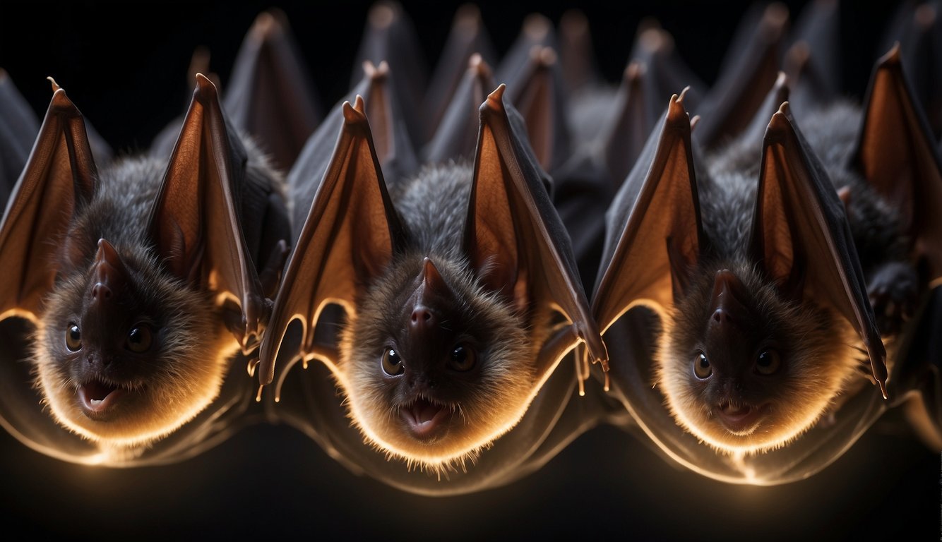 Bats emitting sound waves, bouncing off objects, and returning to the bats' ears.

The bats use this echolocation to navigate and locate prey in the dark