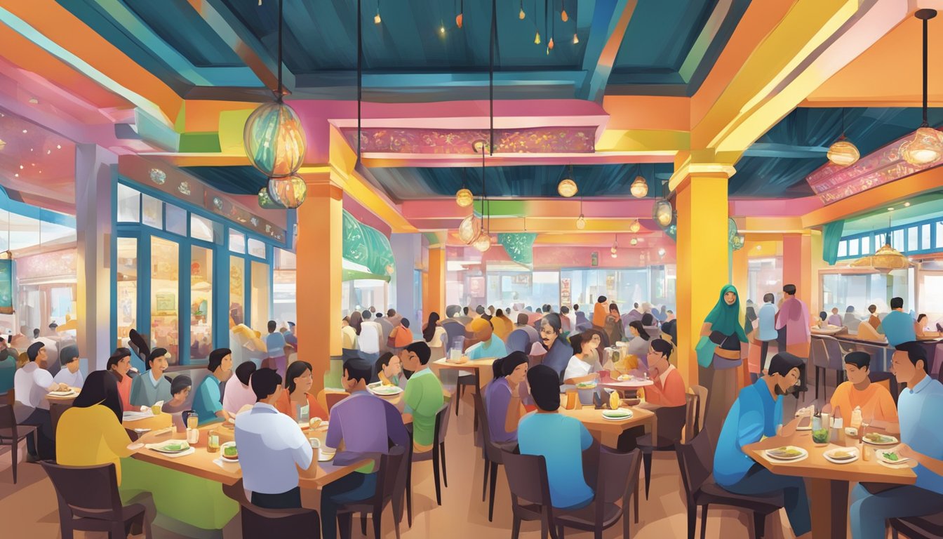 A bustling halal restaurant in Clarke Quay, with colorful decor and a diverse crowd enjoying delicious dishes