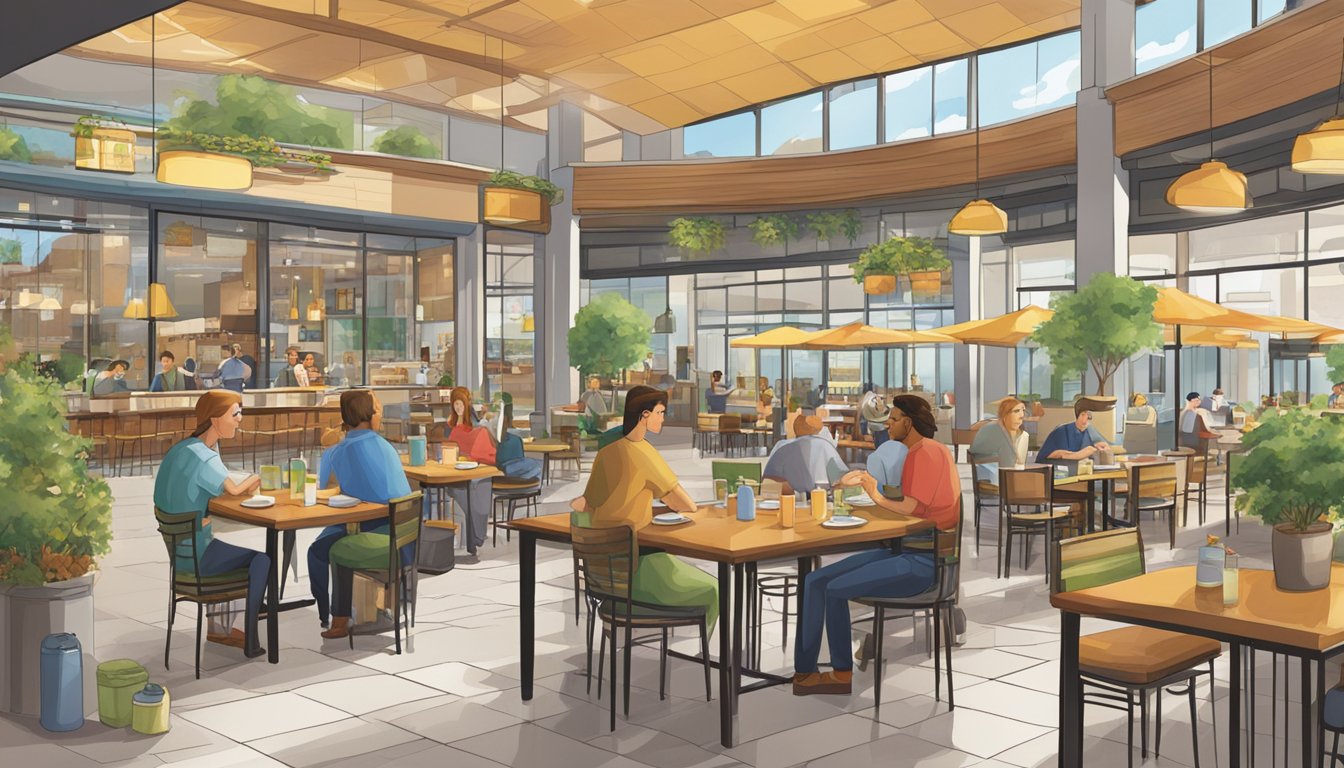 The bustling heartland mall restaurants serve diverse cuisines, with colorful storefronts and outdoor seating. A mix of aromas fills the air as people enjoy their meals