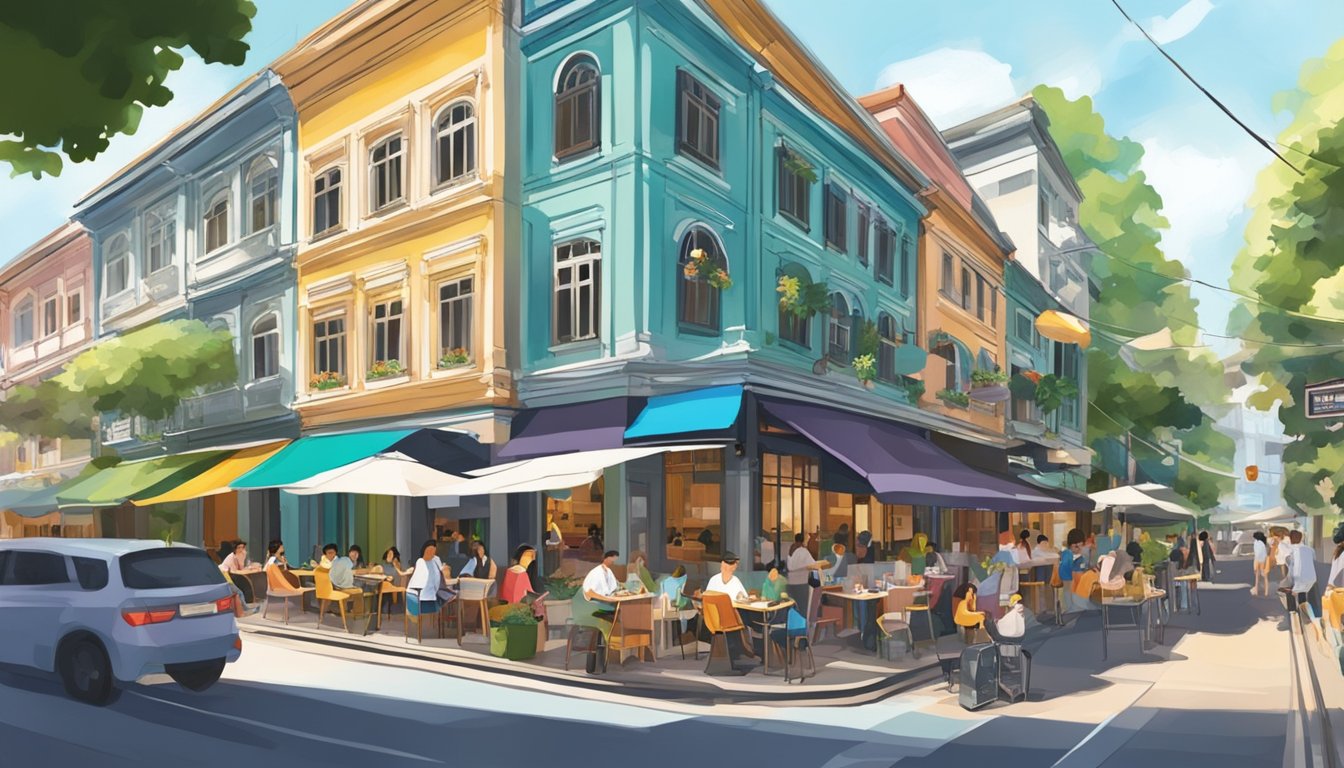A bustling street with colorful buildings and outdoor dining at Mackenzie Rex restaurant in Singapore's Prinsep Street