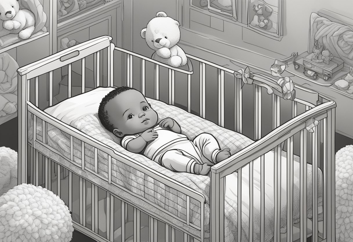 A baby named Isaiah lying peacefully in a crib, surrounded by soft blankets and toys