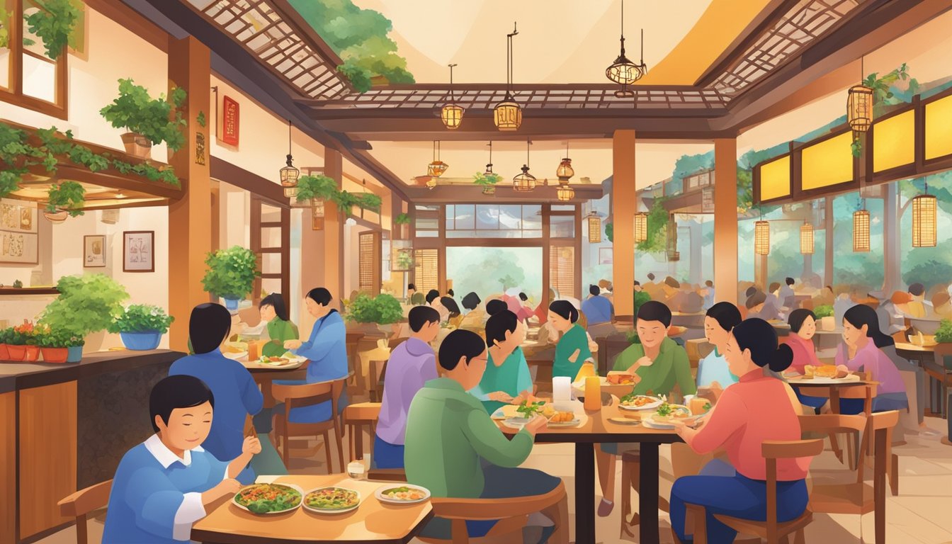 A bustling vegetarian restaurant, "Hwa Jin," filled with families enjoying their meals, colorful decor, and a warm, inviting atmosphere