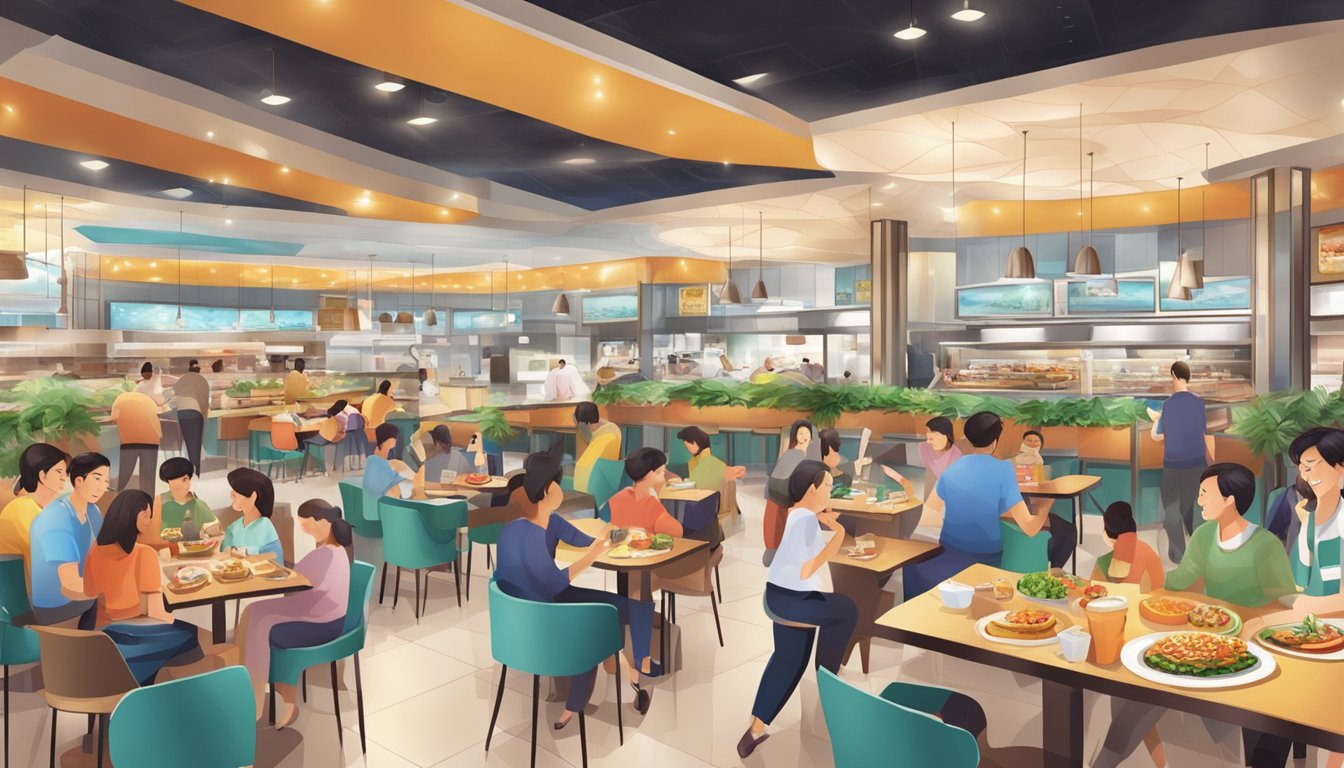 A bustling food court with diverse cuisines and lively atmosphere at International Plaza