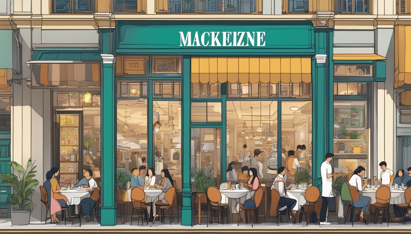 A bustling restaurant on Prinsep Street in Singapore, with vibrant decor and the iconic Mackenzie Rex sign, drawing in diners from all over