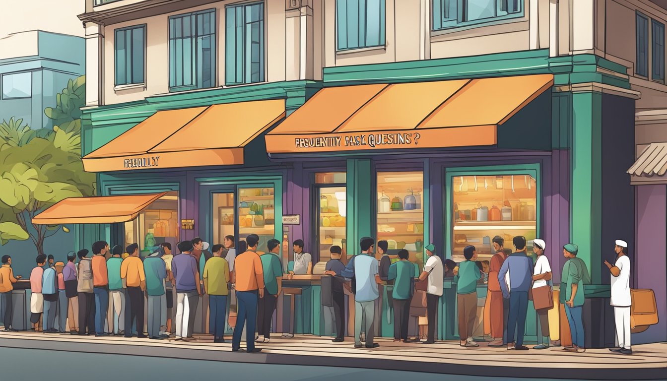 Customers lining up at the entrance of a vibrant halal restaurant in Clarke Quay, with a sign displaying "Frequently Asked Questions" prominently