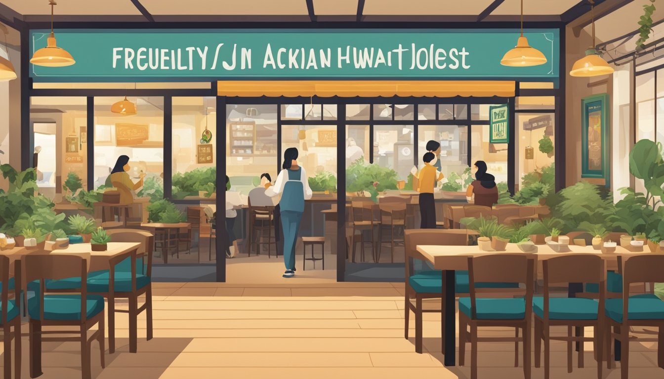 A bustling vegetarian restaurant with a sign reading "Frequently Asked Questions hwa jin" and a warm, inviting atmosphere