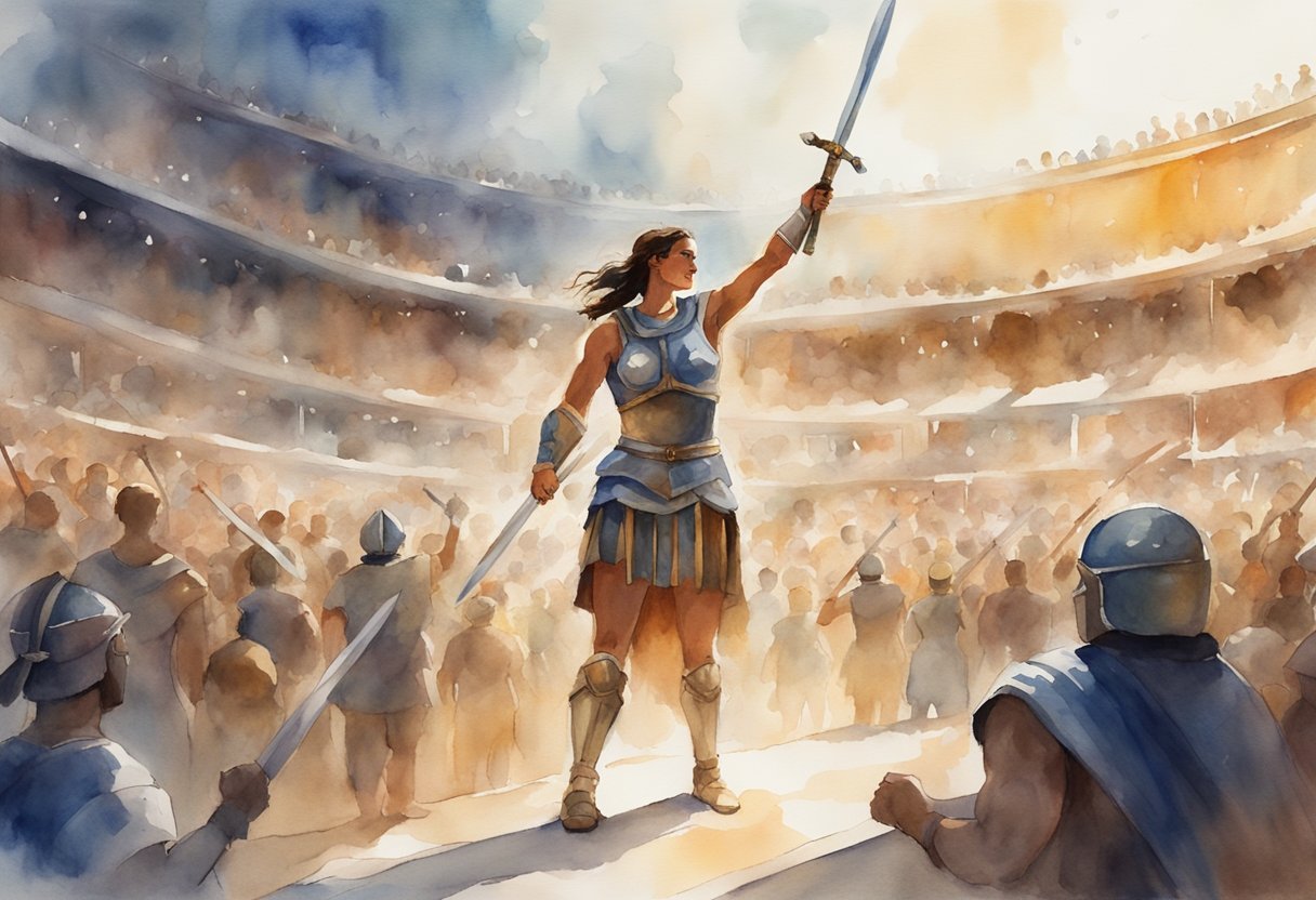 A female gladiator stands victorious in the arena, holding her sword high as the crowd cheers