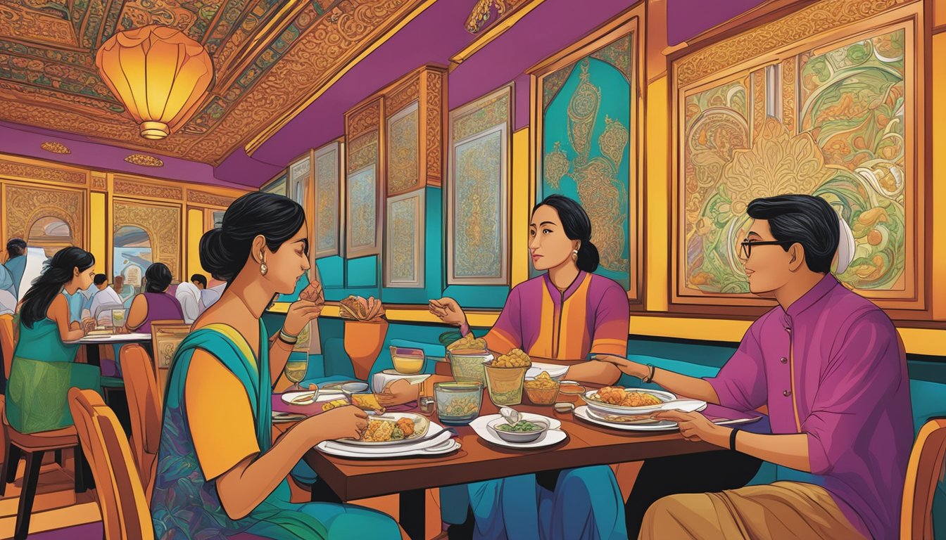 Customers peruse menu at Raffles City Mall Indian restaurant. Vibrant colors, intricate designs, and enticing dishes catch their eye