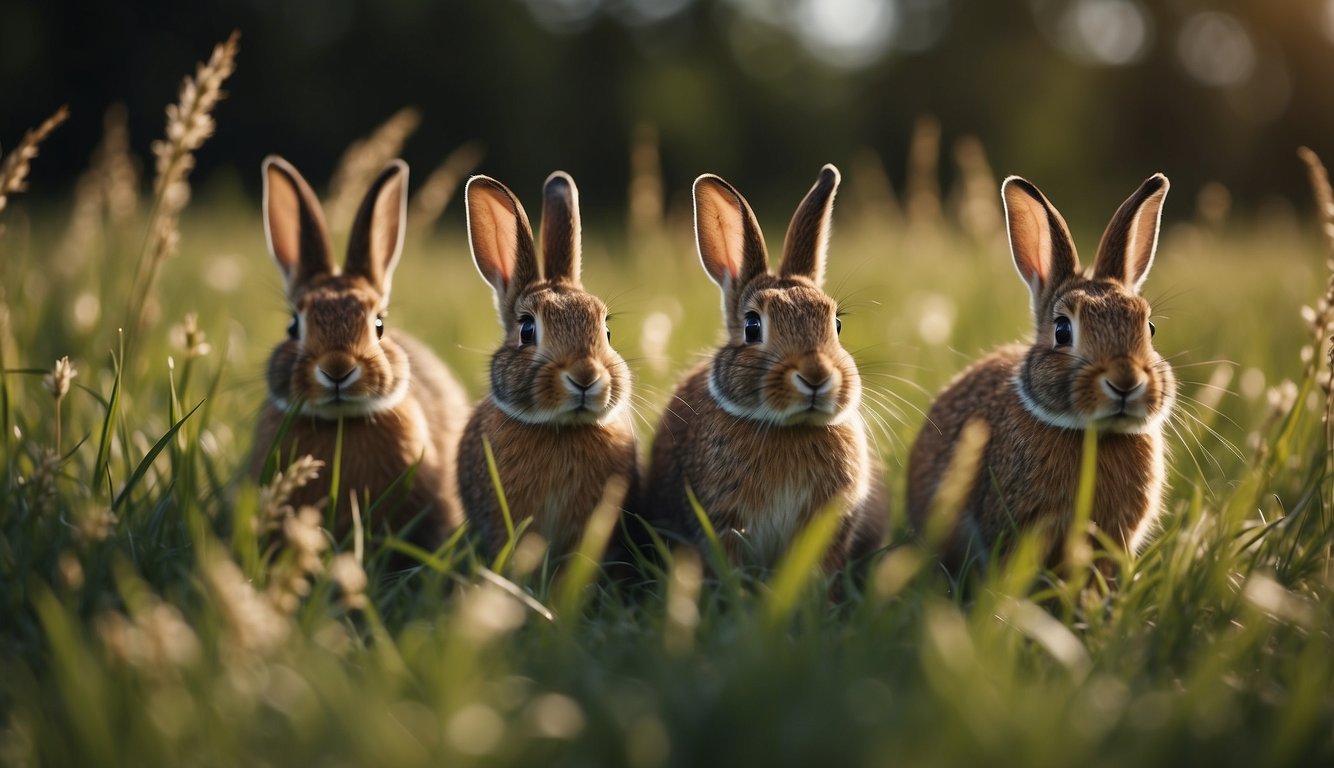 A group of rabbits hop through a field of tall grass, their white tails bobbing in the air as they move swiftly