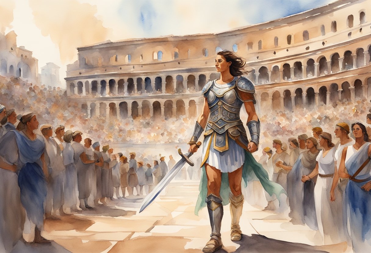 A female gladiator stands in an arena, adorned in armor and wielding a sword, surrounded by cheering spectators and the grandeur of ancient Roman architecture