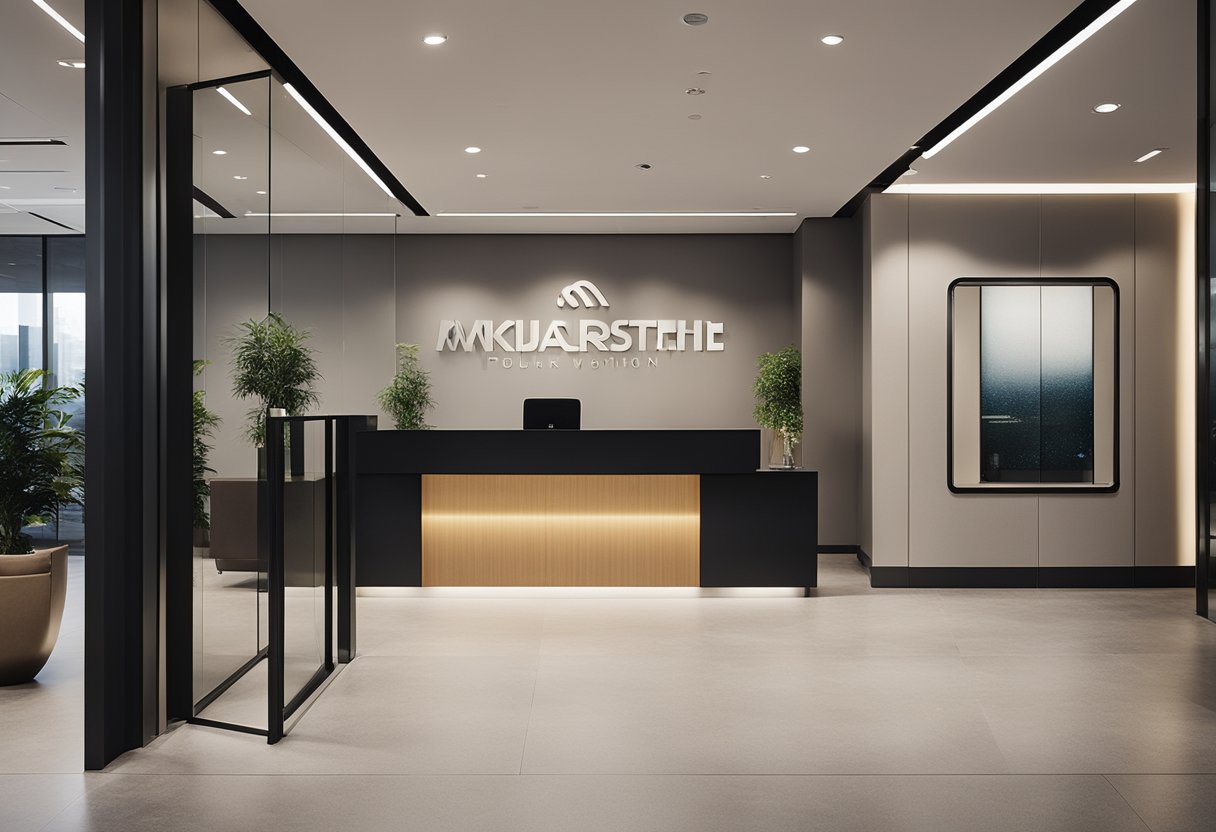 A modern glass door opens to a sleek lobby with a reception desk, minimalist furniture, and a large company logo on the wall
