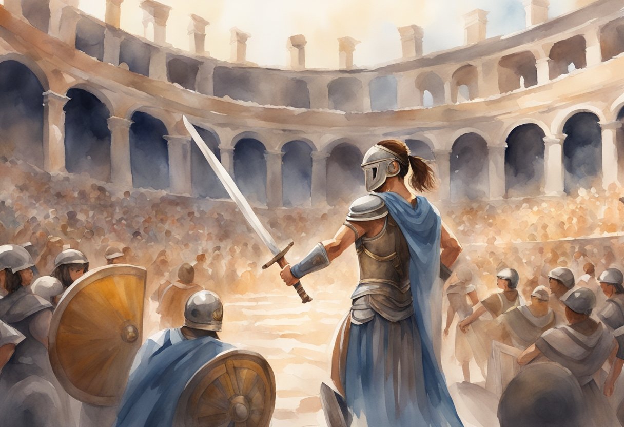 A female gladiator stands in a Roman coliseum, wielding a sword and shield, surrounded by cheering crowds and ancient ruins