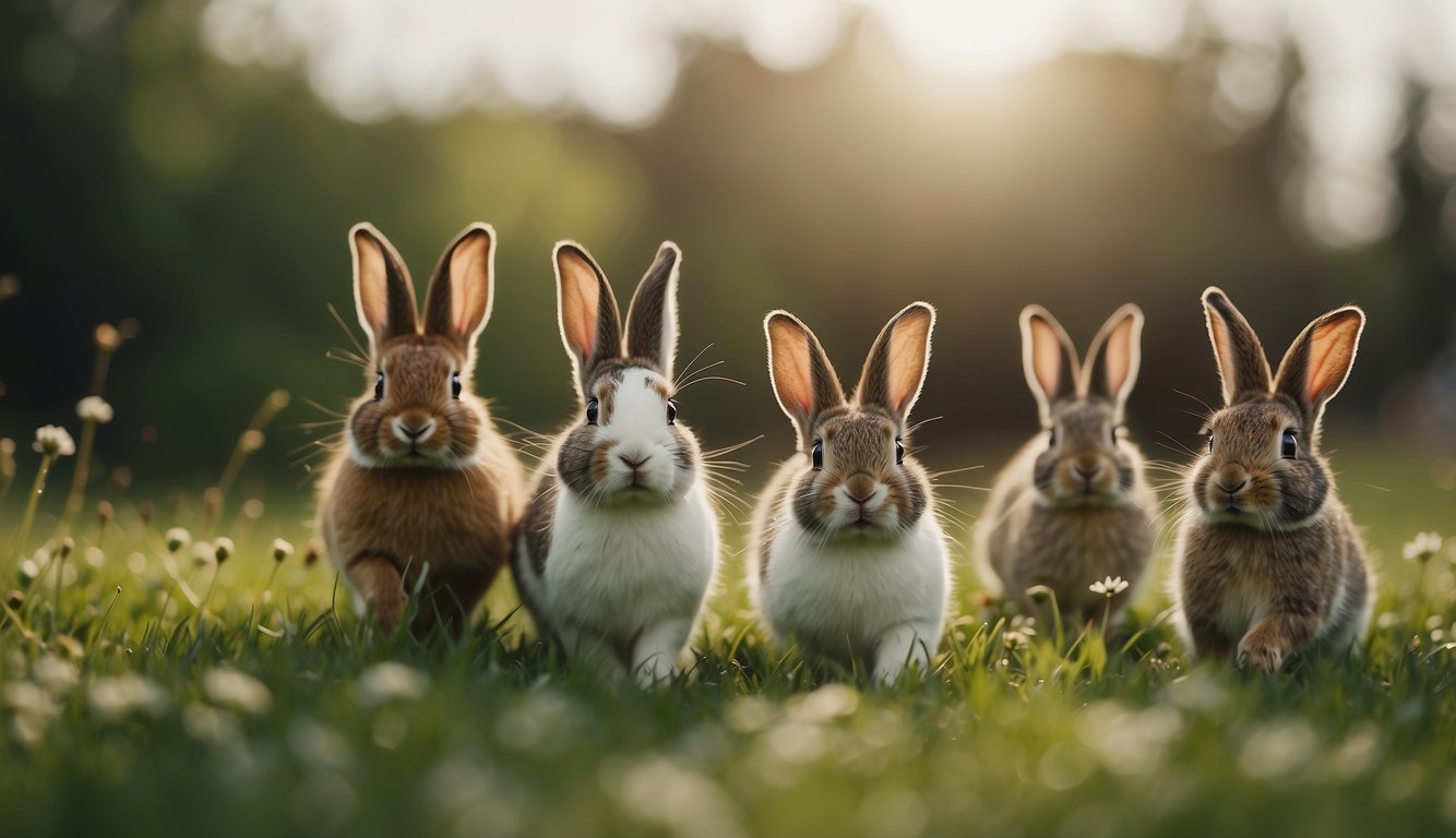 A group of rabbits hopping in a grassy field, some nibbling on clover while others playfully chase each other